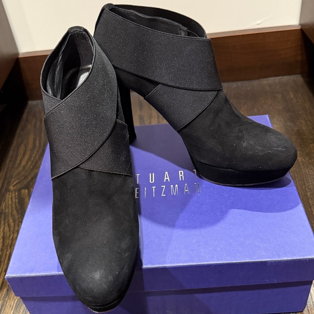 Stuart Weitzman Black Suede Ankle Boots with Elastic Strap